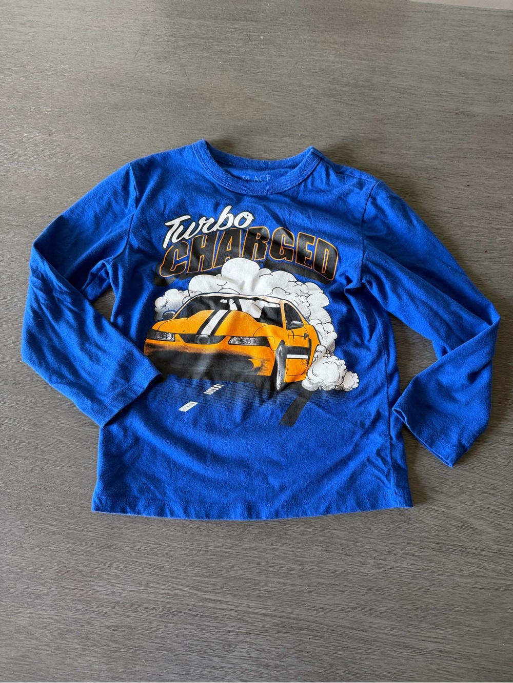 Blue 'Turbo Charged' Kids Long-Sleeve Shirt with Yellow Car Graphic